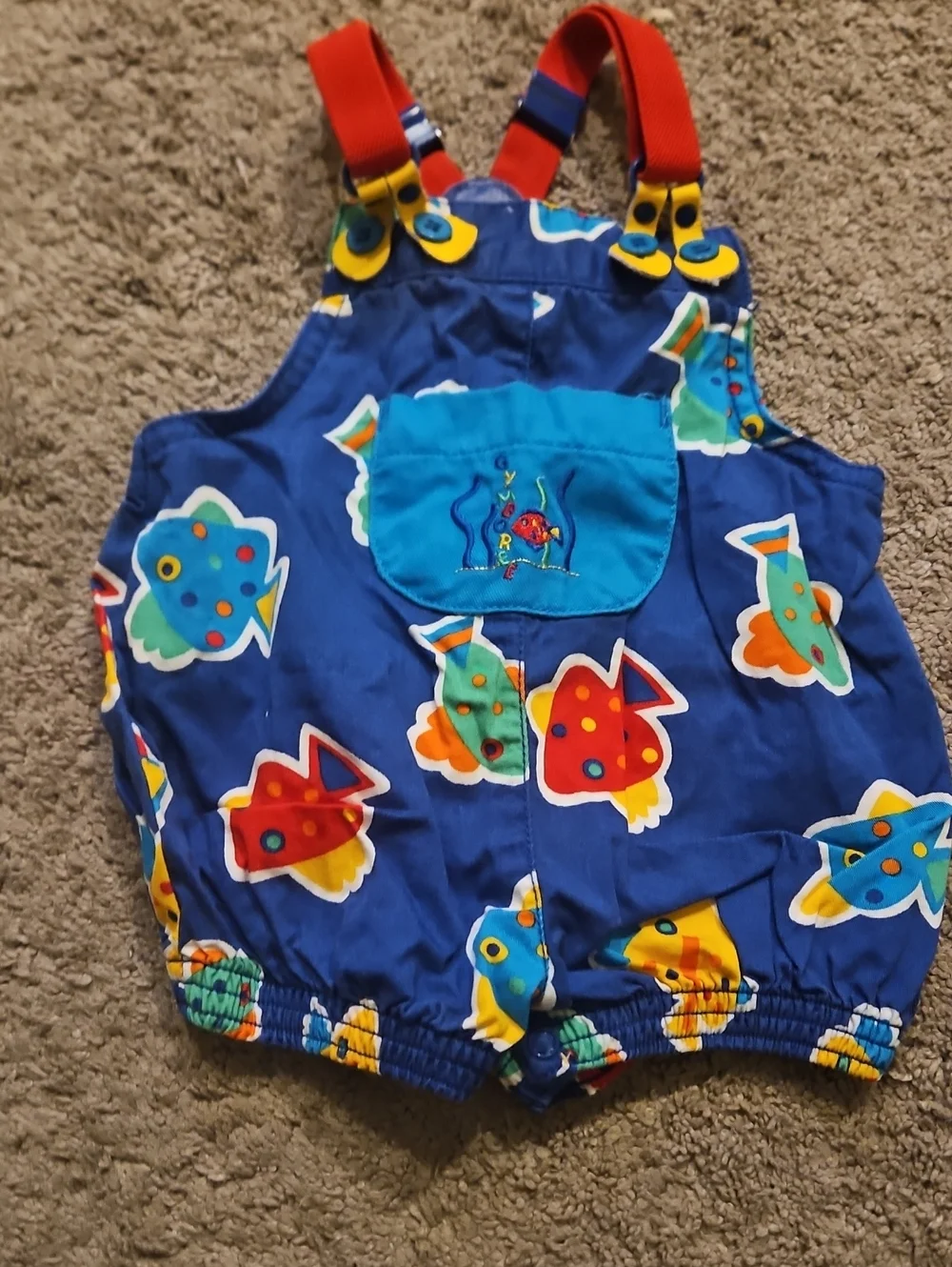Gymboree Blue Fish Print Suspenders Romper with Red Straps